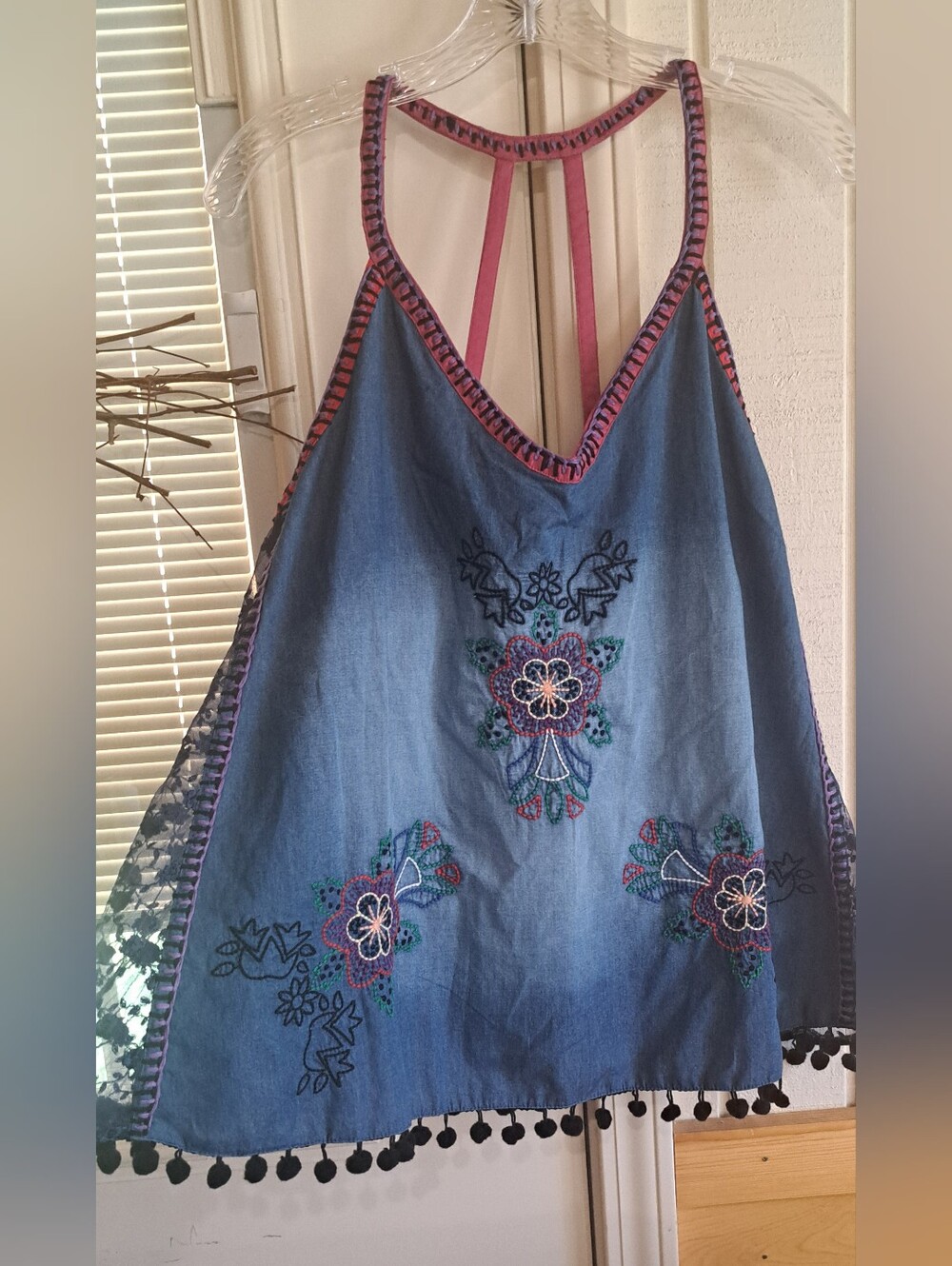 Desigual Natalia Tank Embrodiery Floral Pom Pom Hem Lace Details Chambray NWT M